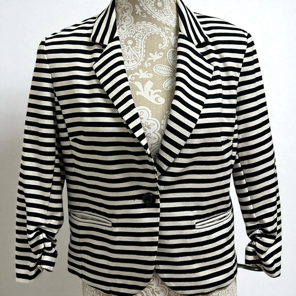 Ellen Tracy Black White Striped Blazer Jacket Women’s Medium Stretch Career - Picture 13 of 14